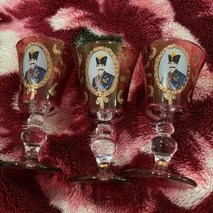 Set Of 6 Vintage Bohemian Ruby Red Figural Cordial Glasses w/ Gold Trim